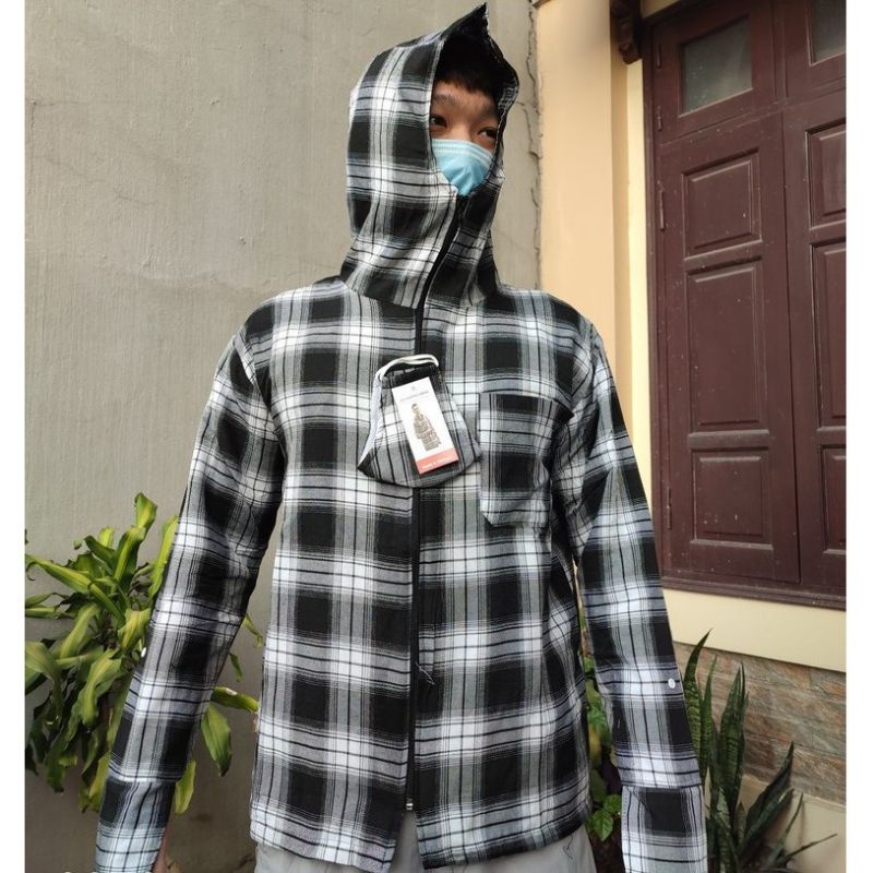 Áo chống nắng nam vải kẻ sọc, áo chống nắng kẻ nam 2 lớp kèm khẩu trang vải cotton dày đẹp