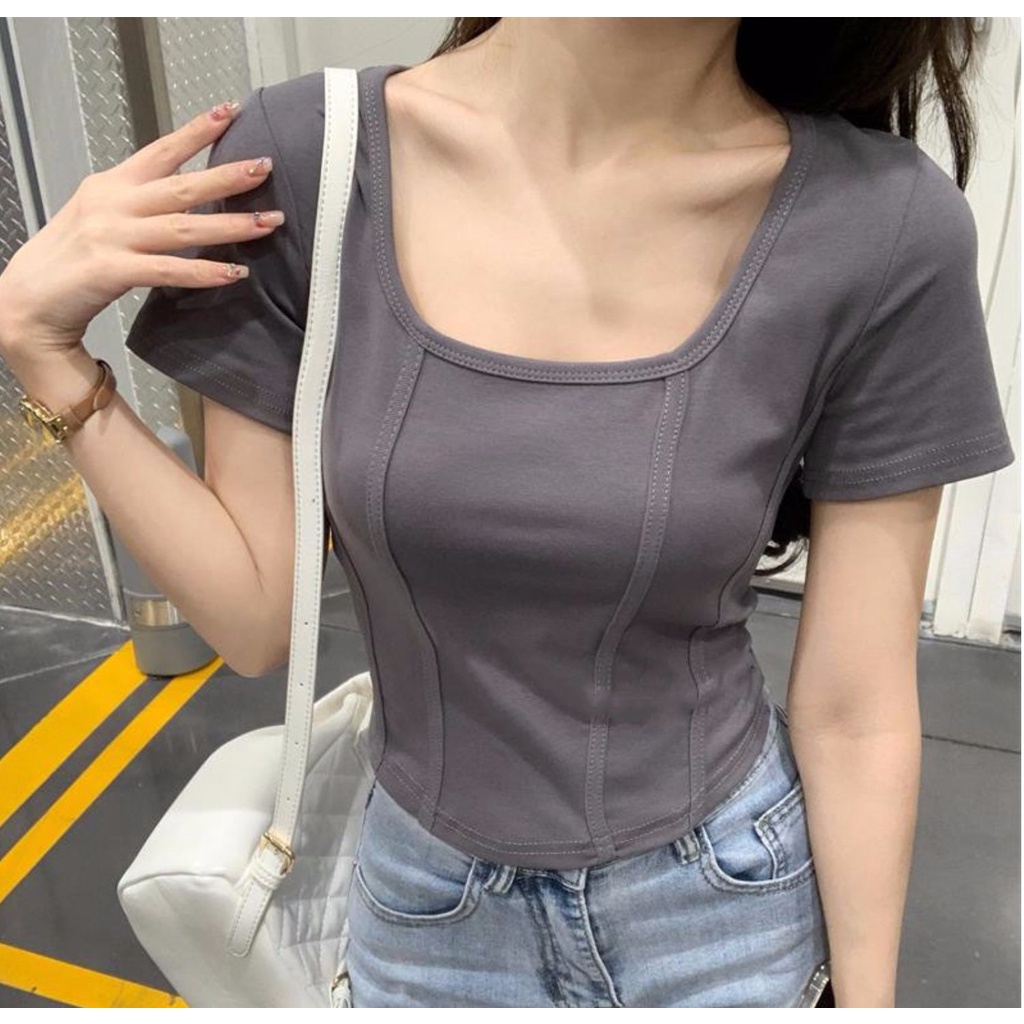 Áo thun croptop  cổ vuông thời trang phong cách Hàn Quốc cho nữ