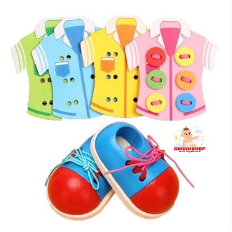 Bộ Đồ Chơi Rèn Luyện Kỹ Năng Tự Lập Cho Trẻ Từ 1-3 Tuổi, Giáo Cụ Montessori Tập Xâu Cúc Áo và Giày Xâu Dây Bằng Gỗ