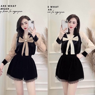 Áo sơ mi nhung cổ nơ phối tay voan dễ thương✌️ảnh thật