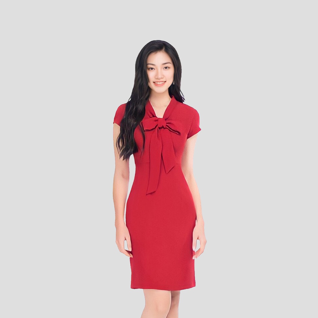 Đầm Thiết Kế Công Sở Phối Nơ Luperi LFV381 dáng ôm A nhẹ nữ tính cho nàng mặc đi làm đi chơi dạo phố dự tiệc