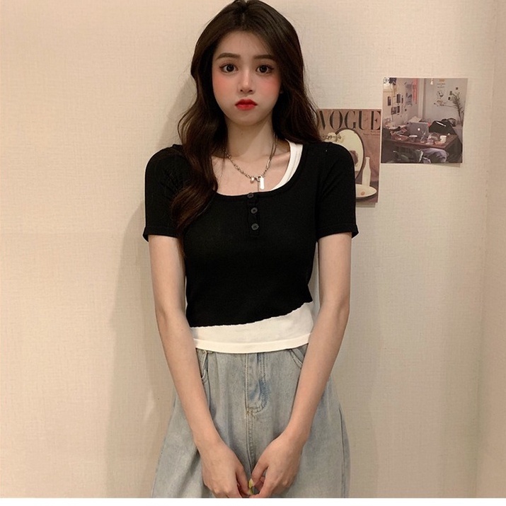 【ZHELIHANGFEI】 Áo Thun Dệt Kim Mỏng Tay Ngắn Dáng Ôm Giả Hai Lớp Thời Trang Mùa Hè Bán Chạy Cho Nữ