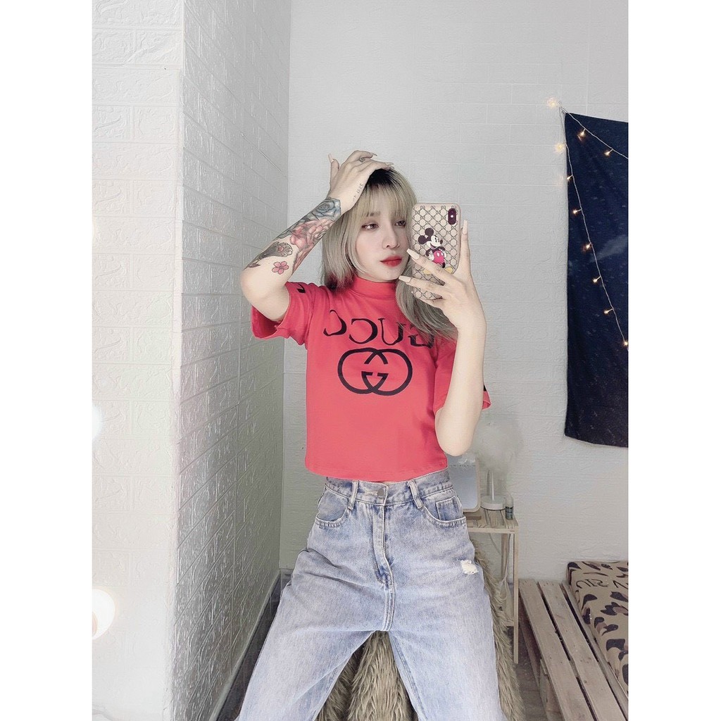 áo kiêu croptop cổ lọ ngắn in chữ gu sang chảnh ảnh thật thun mềm