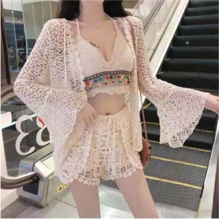 [Sẵn, ảnh thật] Bikini len móc set 3 món màu trắng ngà - trắng tinh