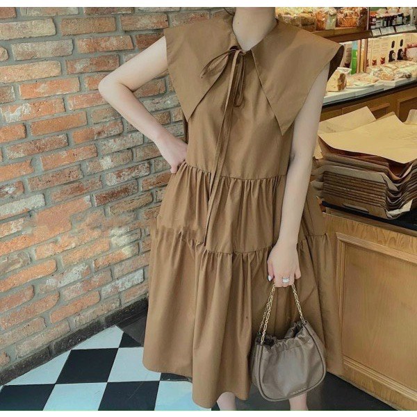 Đầm babydoll suông dáng thủy thủ 3 tầng , váy dáng dàu cổ v thắt nơ - AAG99