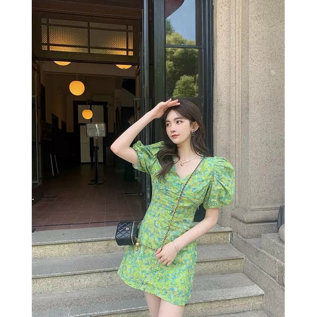 ĐẦM NỮ HOA NHÍ TAY PHỒNG MÀU XANH LÁ / VÁY TAY PHỒNG DÁNG ÔM BODY CÓ CÚC MÀU XANH LÁ HOA NHÍ