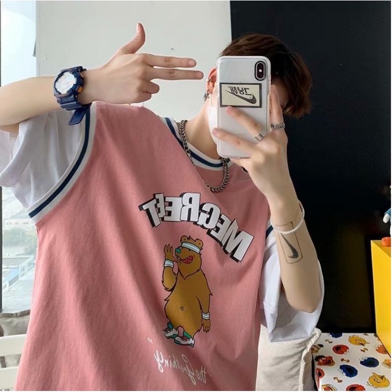 Áo Thun Tay Ngắn Giả Hai Lớp Form Rộng In Họa Tiết Hoạt Hình Phong Cách Hip Hop Hàn Quốc Cho Nam