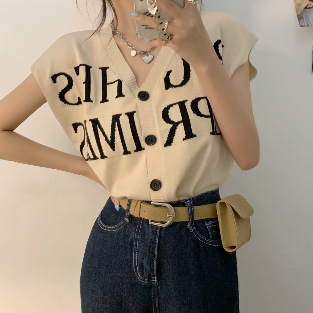 Porozi  Áo Crop Top dệt kim không tay cổ chữ V dáng rộng in chữ phong cách Hàn Quốc