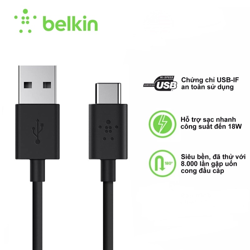 Cáp Belkin USB A to Type C 1.2m Hỗ Trợ Sạc Nhanh Chứng Chỉ USB-IF