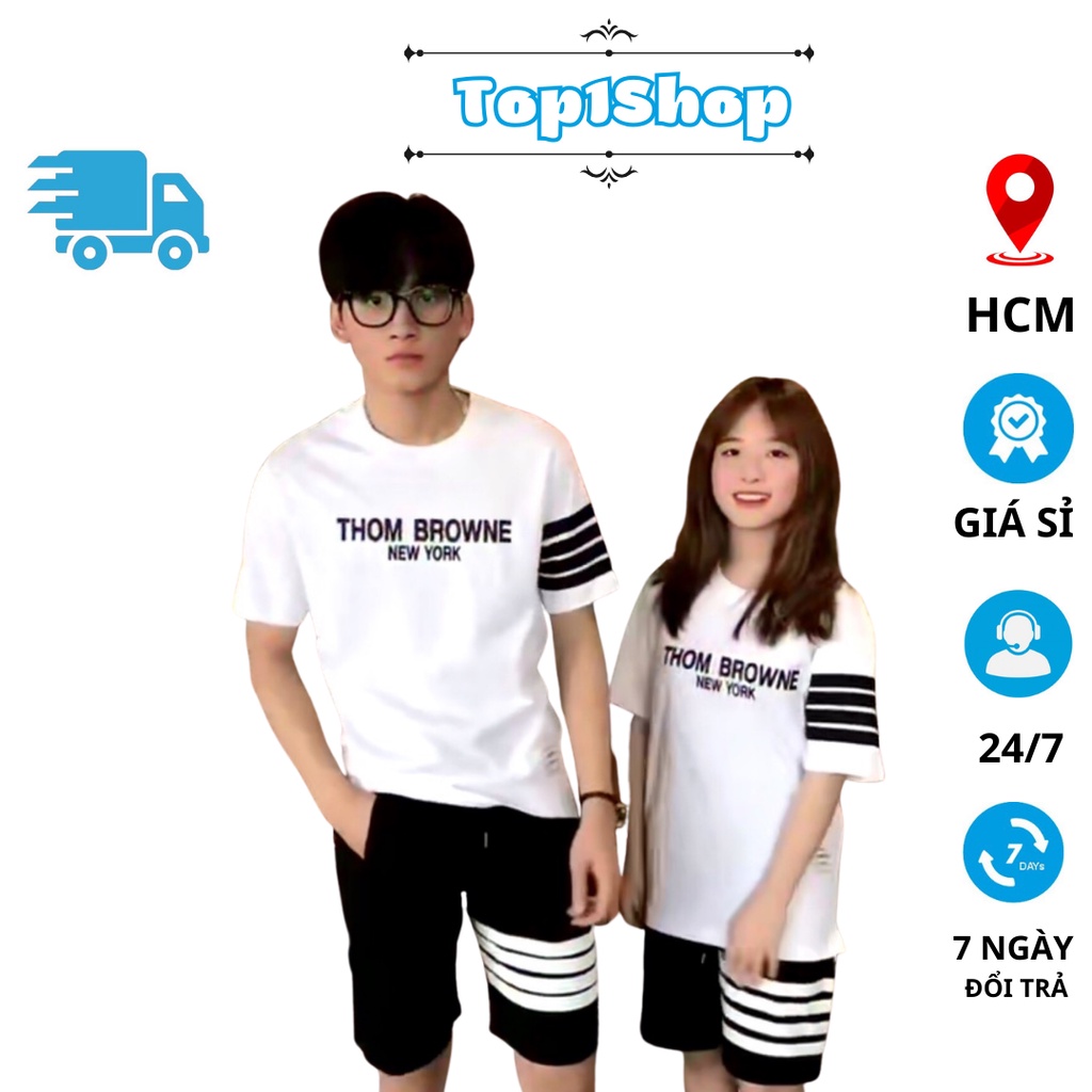 Set Bộ Thể Thao Nam Nữ THOM BROWNE - Áo Thun Tay Lỡ Unisex Form Rộng