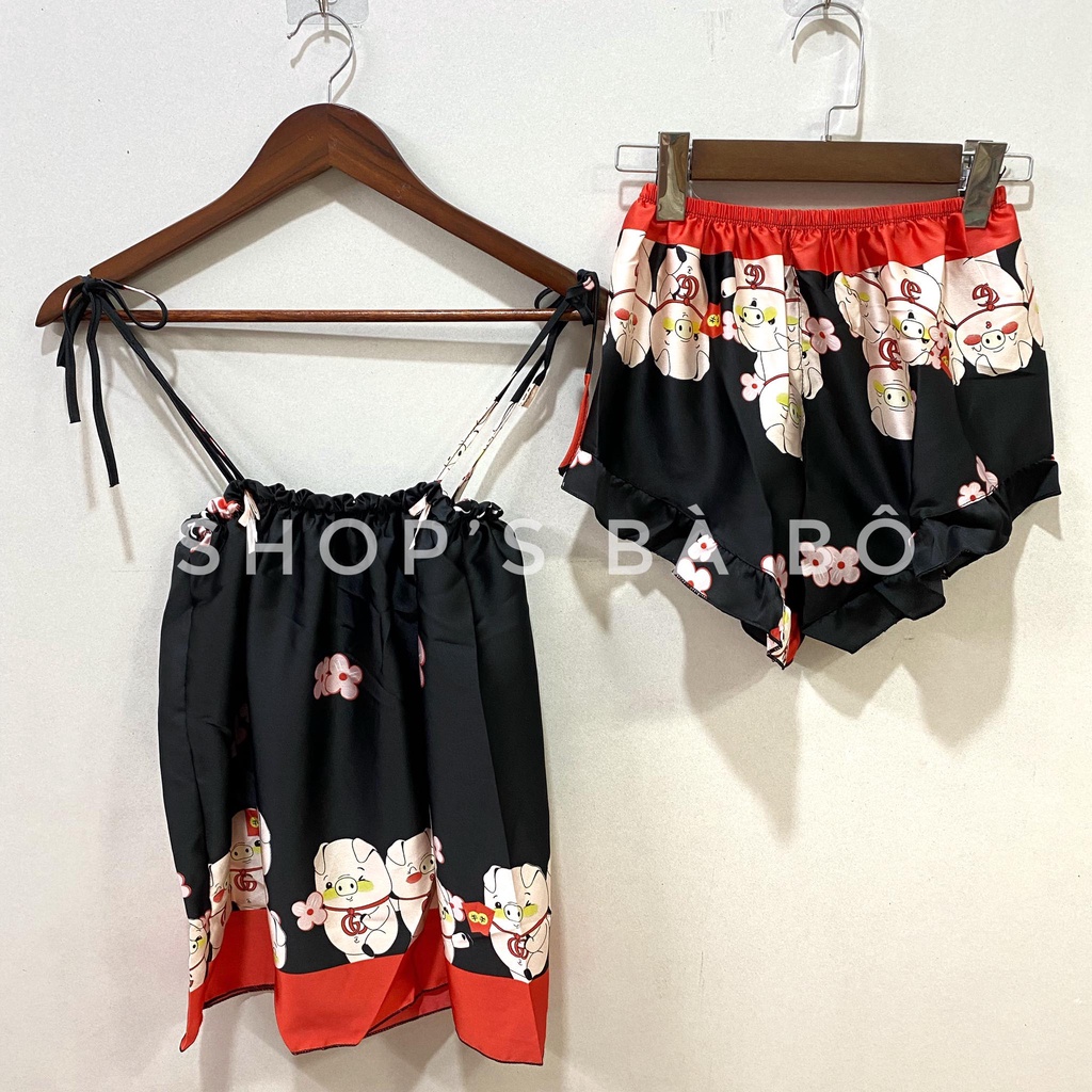Bộ lụa satin mặc nhà cho nữ, thiết kế hai dây cột, nhiều họa tiết siêu dễ thương, mặc ngủ cũng cực tiện