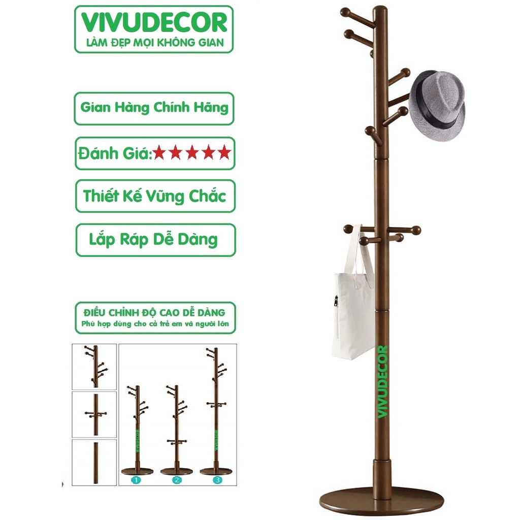 Cây Treo Quần Áo 100% Gỗ Tự Nhiên Vivudecor, Cây Treo Đồ AN Mâm 10 Nhánh Lắp Ráp Xuất Khẩu Hàn Quốc.