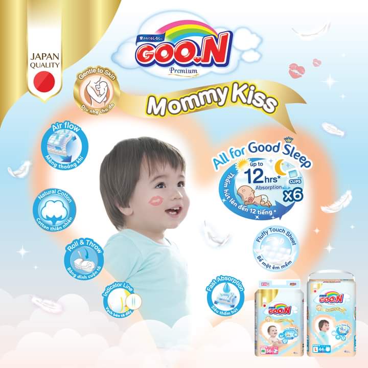 Bỉm Goon Mommy Kiss mẫu mới - Bỉm quần Goon Premium  size Nb70/S64/M60/M56/L50/L46/XL46/XL42/XXL36