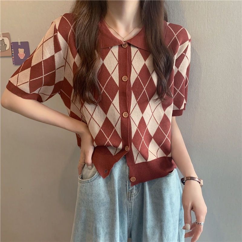 Áo Thun Dệt Kim Tay Ngắn Cổ Bẻ Đính Đá Phong Cách Retro