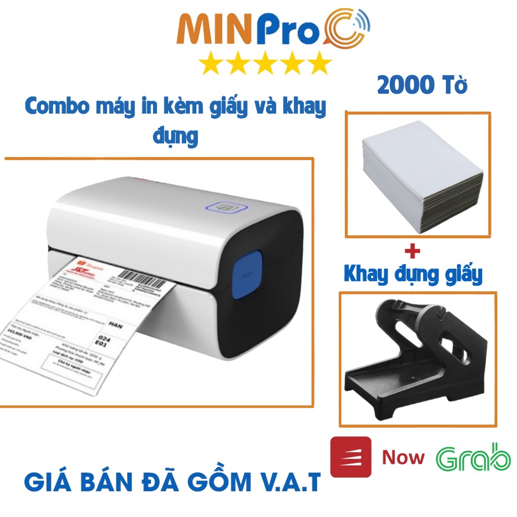 Máy in nhiệt MINPRO W300 in đơn hàng TMĐT kèm khay và 2000 tờ giấy in nhiệt 76x130 bảo hành 12 tháng tặng bút vệ sinh