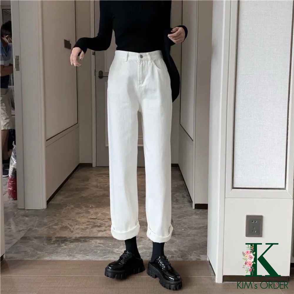Quần Jean Nữ Màu Trắng Đen Trơn Basic Ống Suông Đứng Lưng Cao Phong Cách Ulzzang Hàn Quốc Đi Học Đi Làm Năng Động