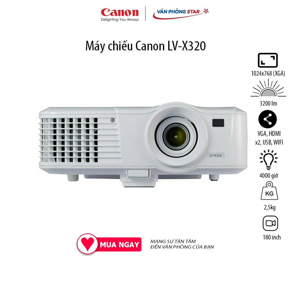 MÁY CHIẾU CANON LV-X320, Độ tương phản 10.000 - 1, Độ sáng 3200 Ansi Lumens, Độ phân giải XGA (1024x768) 180 inch