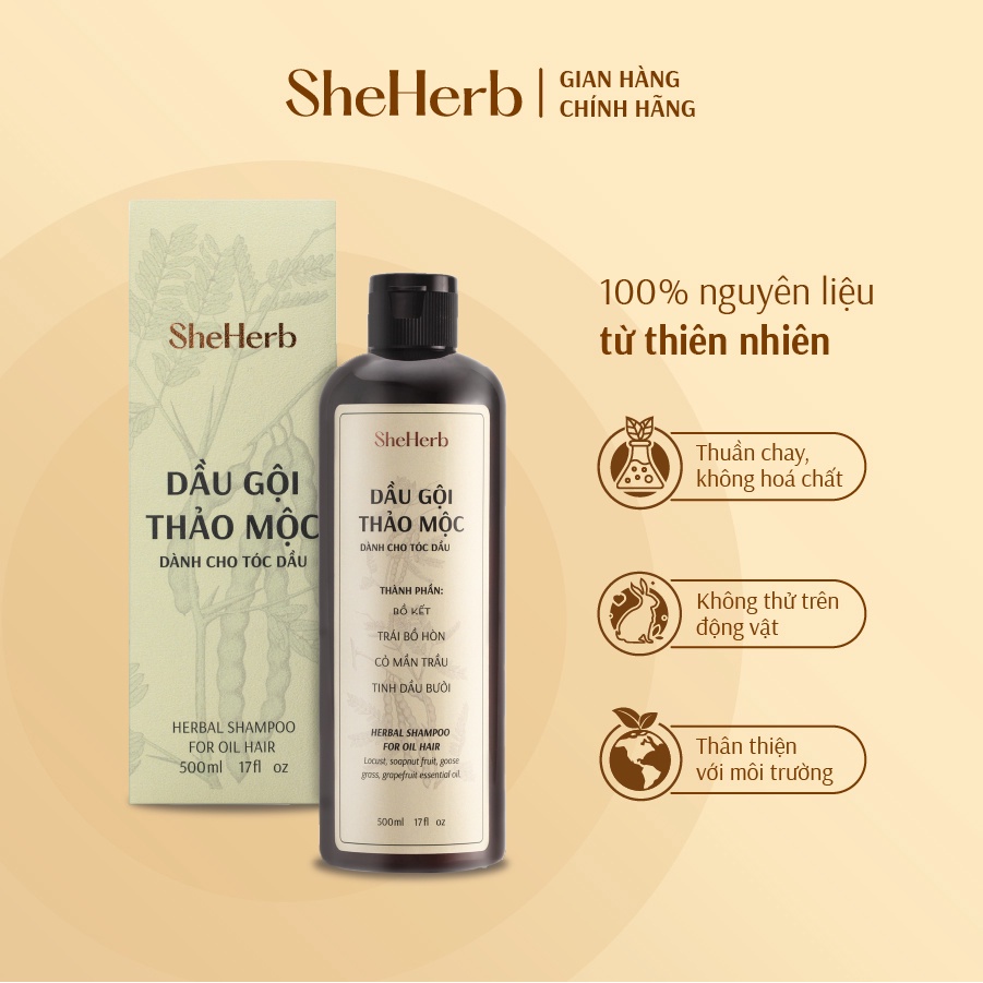 Dầu Gội Tóc Dầu Ngăn Ngừa Rụng Tóc Thảo Mộc SheHerb - Sạch Sâu, Giảm Chẻ Ngọn 250ml