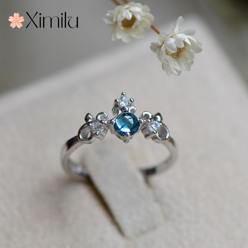 Nhẫn Nữ Hoàng Aquamarine Hở Hình Vương Miện