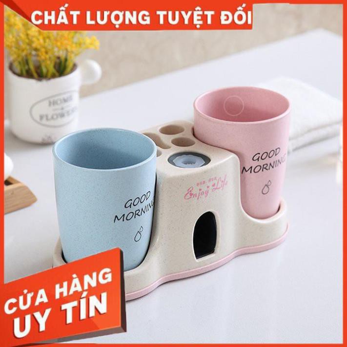 BỘ KHAY NHẢ KEM ĐÁNH RĂNG TỰ ĐỘNG - KỆ ĐỂ ĐỒ PHÒNG TẮM CAO CẤP KÈM 2 CỐC LÚA MẠCH