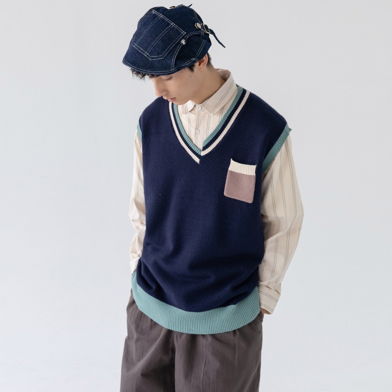 Áo Sweater Dệt Kim Sát Nách Phối Màu Sắc Tương Phản Kiểu Retro Nhật Bản Thời Trang Thu Đông Cho Nam Và Nữ 2022