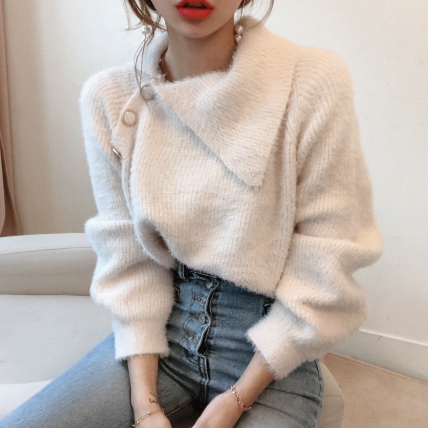 Áo Sweater Lông Mềm Chui Đầu Thiết Kế 4 Nút Thanh Lịch