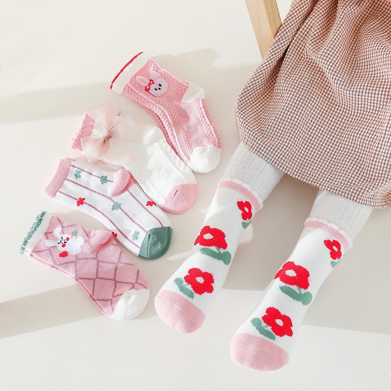 Set 5 Đôi Vớ Cổ Trung Họa Tiết Hoa Hoạt Hình Dễ Thương Cho Bé Gái