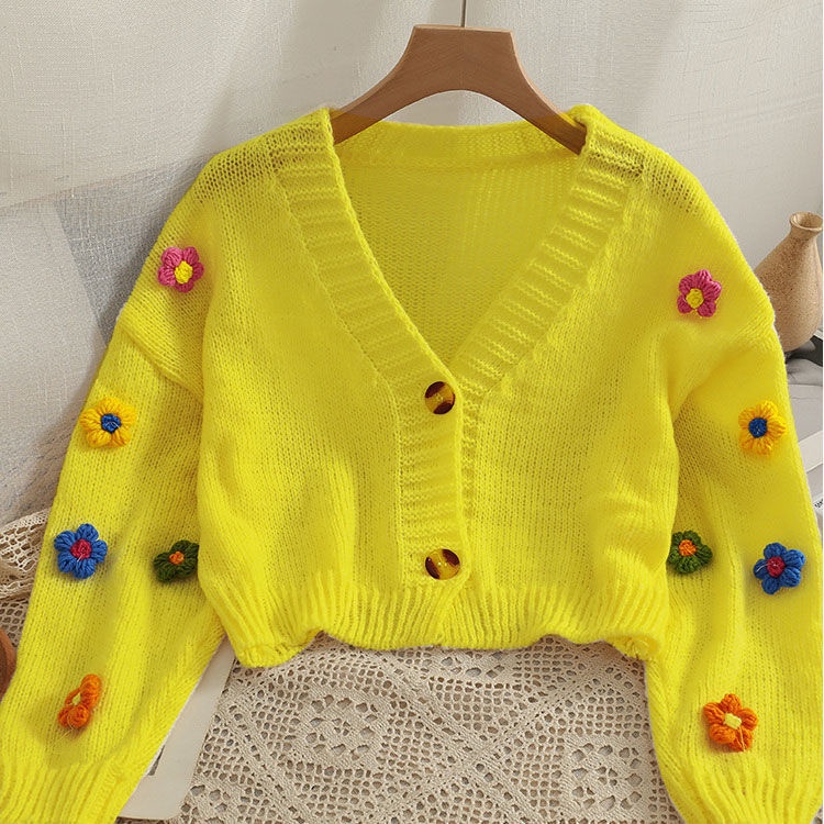 Áo Sweater Dài Tay Họa Tiết Hoa Ngọt Ngào Thời Trang 206345 Áo Khoác Dệt Kim Dáng Ngắn Phong Cách Hàn Quốc