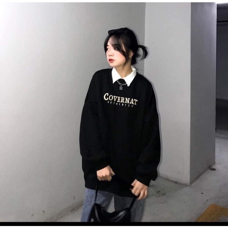 Áo Nỉ Sweater Màu Đen Form Rộng Unisex Vải Nỉ Lót Bông Dày Dặn In HUDUSTORE (COVERNAT)