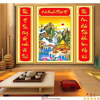Tranh đính đá LV481 DD9193 (1m10 x 75cm), tranh thêu chữ thập cửu huyền thất tổ LV3472 (92cm x 63cm)