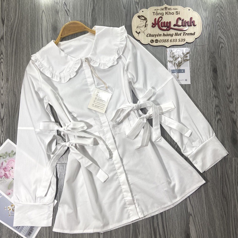 [Mã WAMT10K giảm 10k cho đơn 0k] Áo sơmi dáng dài, áo cổ thuyền viền bèo thắt nơ 2 bên(kèm video ảnh thật) 100k | BigBuy360 - bigbuy360.vn