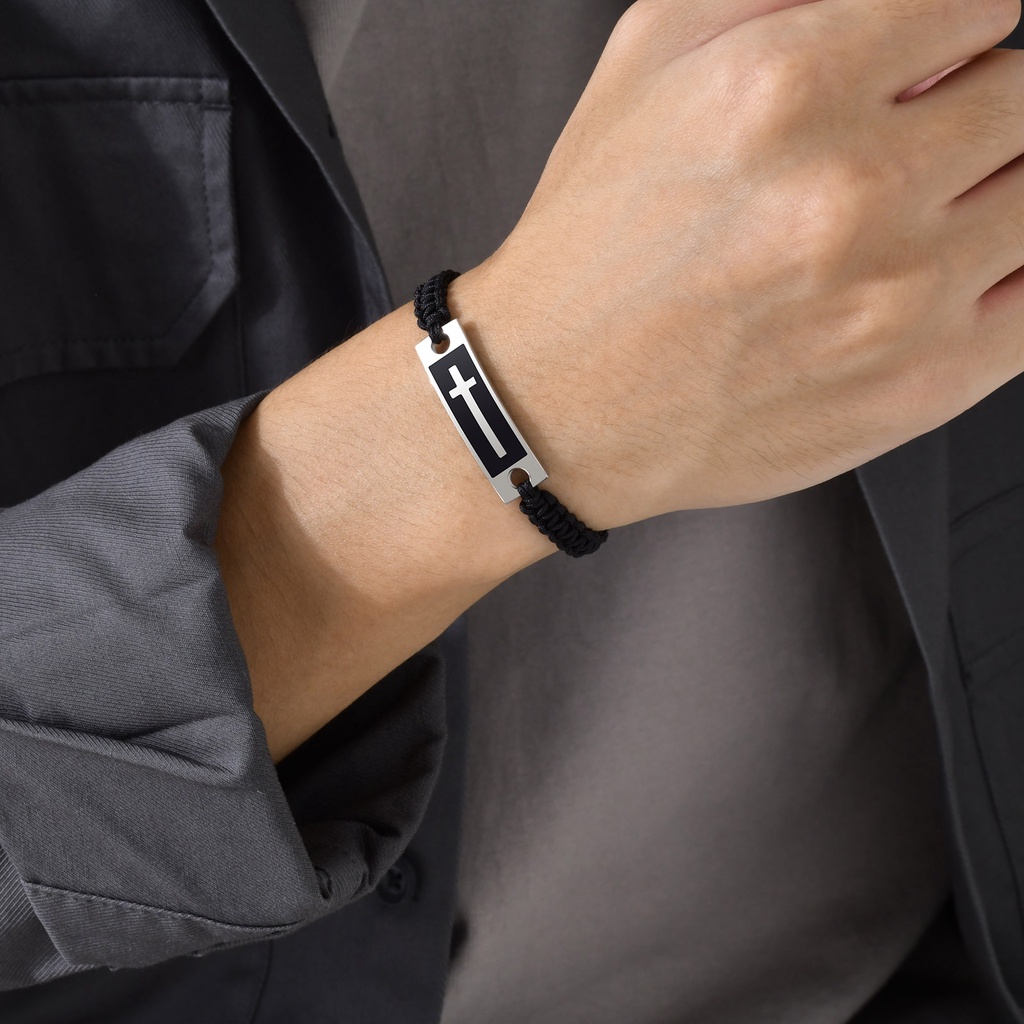 Vòng Tay Dây Bện Nylon Phối Mặt Thánh Giá Bằng Thép Không Gỉ Có Thể Điều Chỉnh Dành Cho Nam
