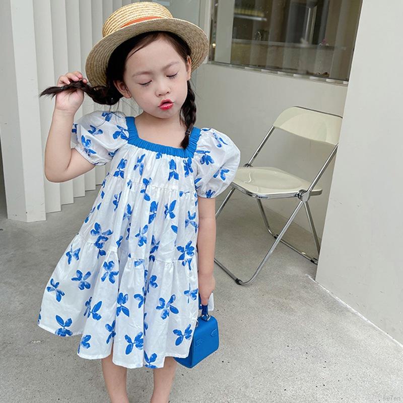 Đầm Công Chúa Tay Phồng Cổ Vuông Vải Cotton In Họa Tiết Hoa Dành Cho Bé Gái 3-8 Tuổi