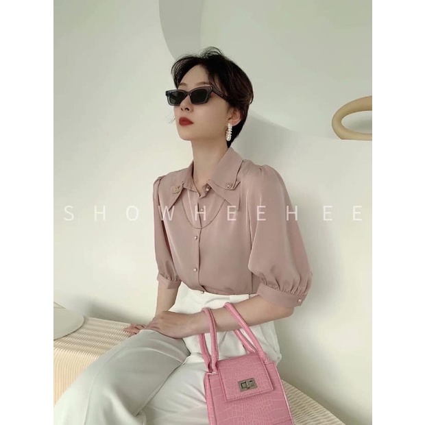 Áo sơ mi nữ vải lụa quảng châu trơn bóng cổ bẻ cách điệu tay phồng basic sang chảnh thời trang nữ công sở