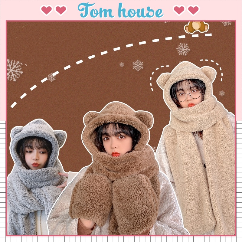 Mũ lông cừu tai gấu kèm khăn quàng cổ và găng tay ulzzang combo phong cách thời trang Hàn Quốc cho mùa thu đông ấm áp