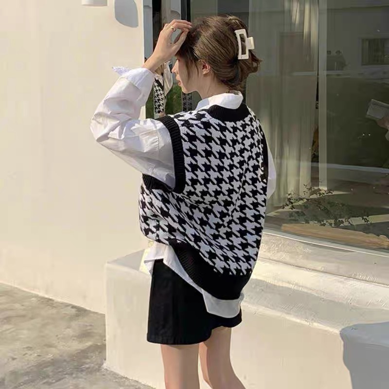 Áo gile kẻ caro vintage Forgirl áo không tay dáng xuông cá tính