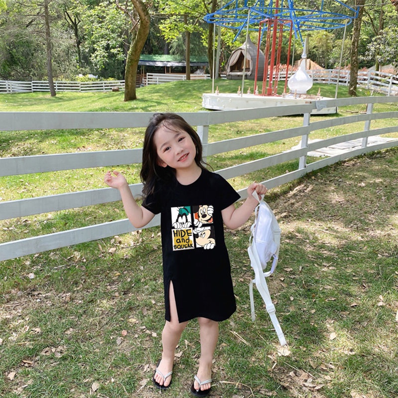 Đầm Thun Dài Tay Ngắn In Hình Chuột Mickey Hoạt Hình Thời Trang Mùa Hè Dành Cho Bé Gái