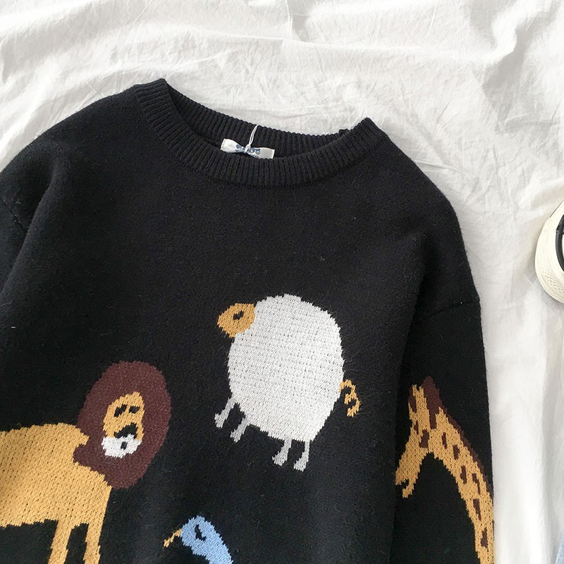 🌿 Áo len đen đan hình thú dáng rộng ulzzang 🔥