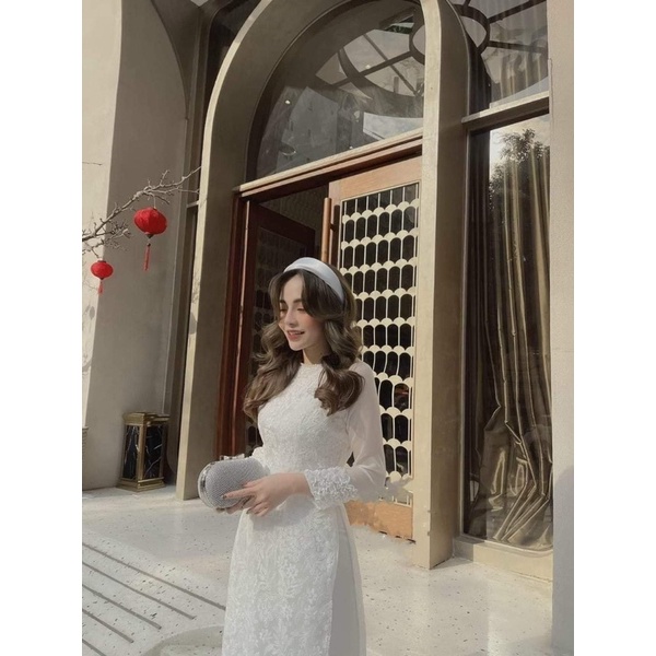 Áo Dài Ren Thiết Kế 4 Tà Phối Tay Voan Nhún Bèo