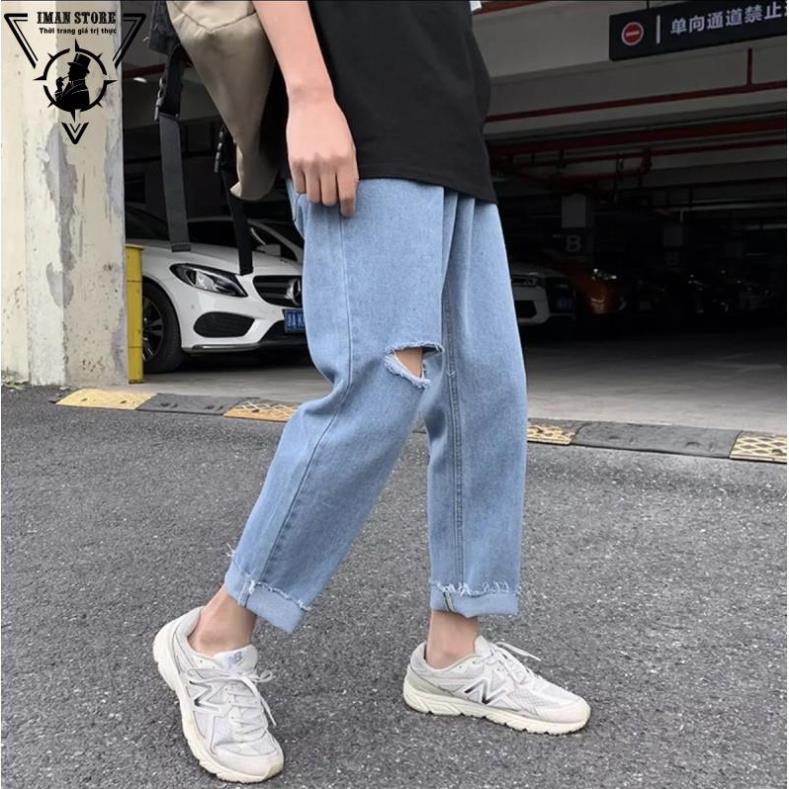 Quần Jean Baggy nam , quần bò ống rộng xanh sky rách gấu+ rách gối style hàn quốc 2021