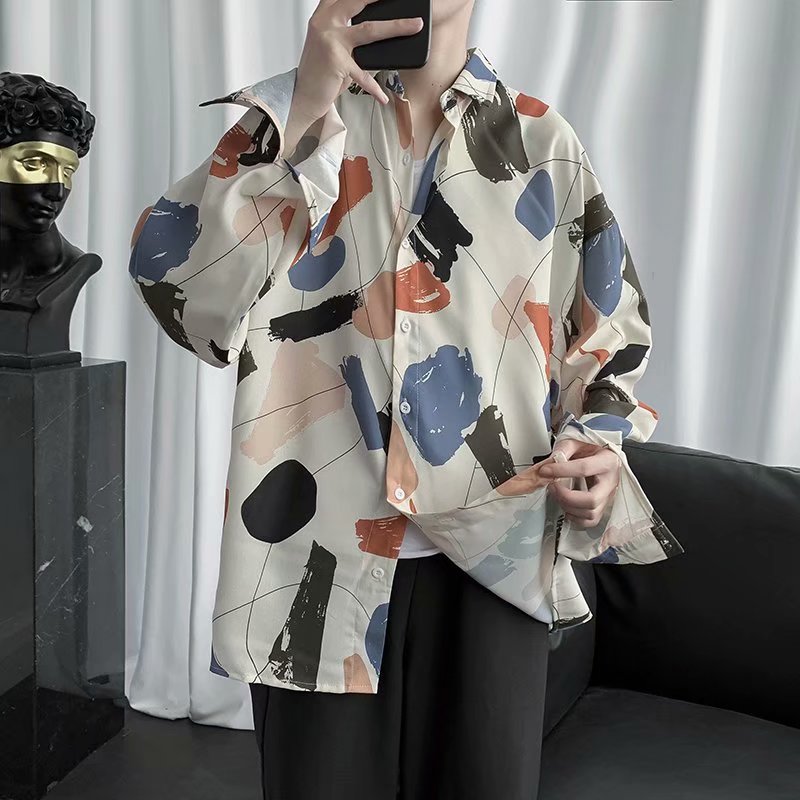 Korean street fashion men's long-sleeved wide-sleeved shirt with irregular color printing