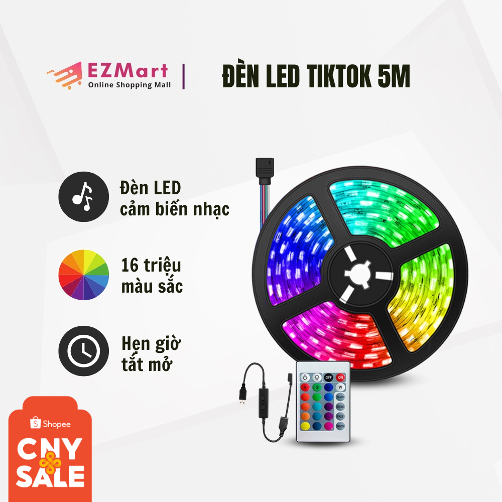 Đèn Led Tiktok 5m Điều Khiển Bằng App Điện Thoại 16 Triệu Màu, Pha Màu DIY 5050 RGB Nháy Theo Nhạc Trang Trí Phòng Ngủ