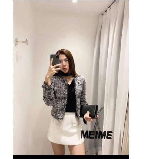 Áo Dạ vải tweet dáng cộc kẻ xanh
