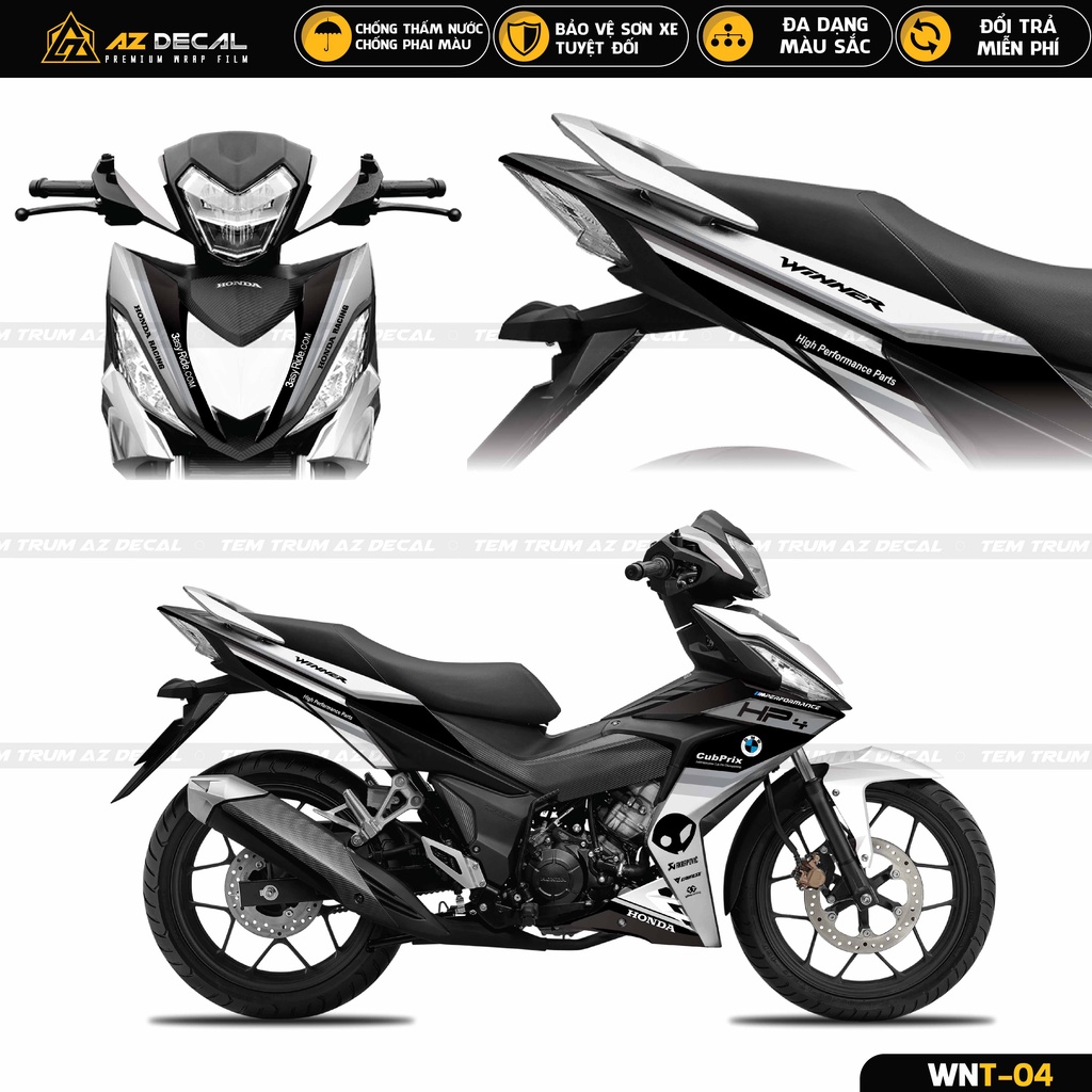 Tem Xe Winner V1 / 150 Mẫu HP4 | WNT-04 | Decal Dán Trùm Xe Máy Cao Cấp Màu Đen Trắng Xanh, Bảo Vệ Sơn Xe