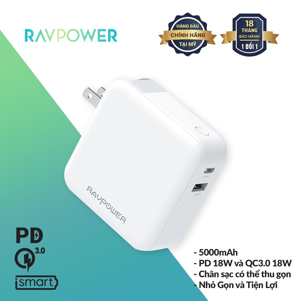 Pin Sạc Dự Phòng RAVPower 5000mAh Cổng In/Out Type-C PD 18W, Tích Hợp Cổng Input AC