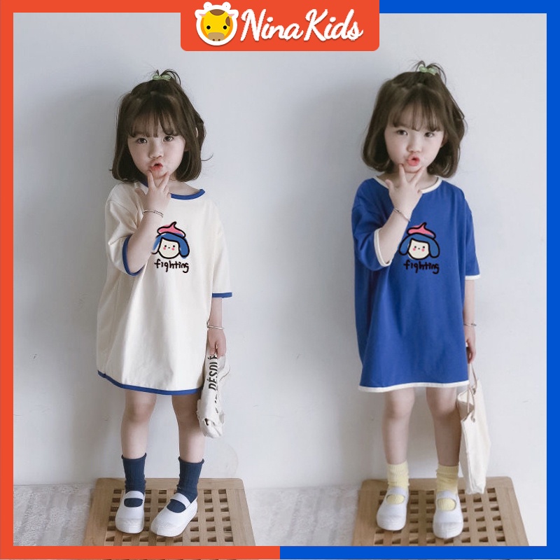 Đầm Thun Dáng Dài Họa Tiết Hoạt Hình Phong Cách Hàn Quốc Đáng Yêu Dành Cho Bé Gái 1-8 Tuổi