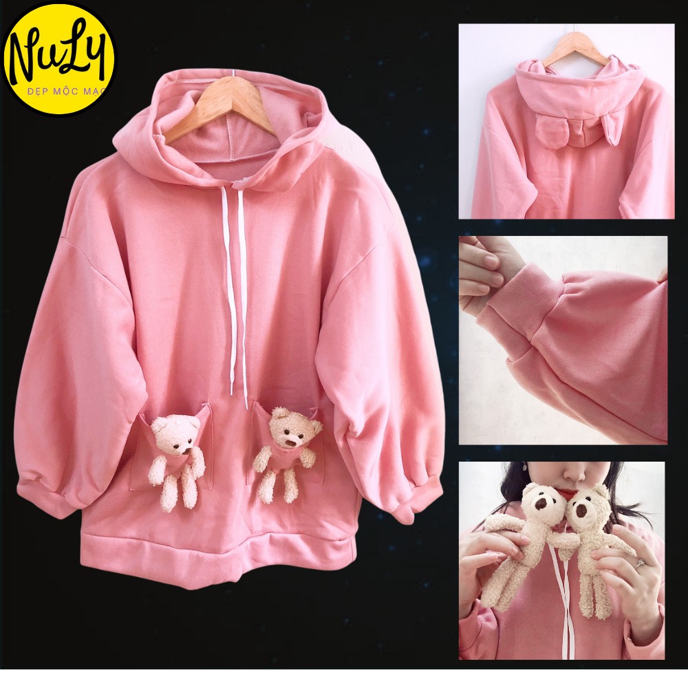 Áo Hoodie From Rộng Tay Phồng, Có 2 Túi Gấu Bông,Có Mũ Chất Liệu Nỉ Bông Cực CUTE