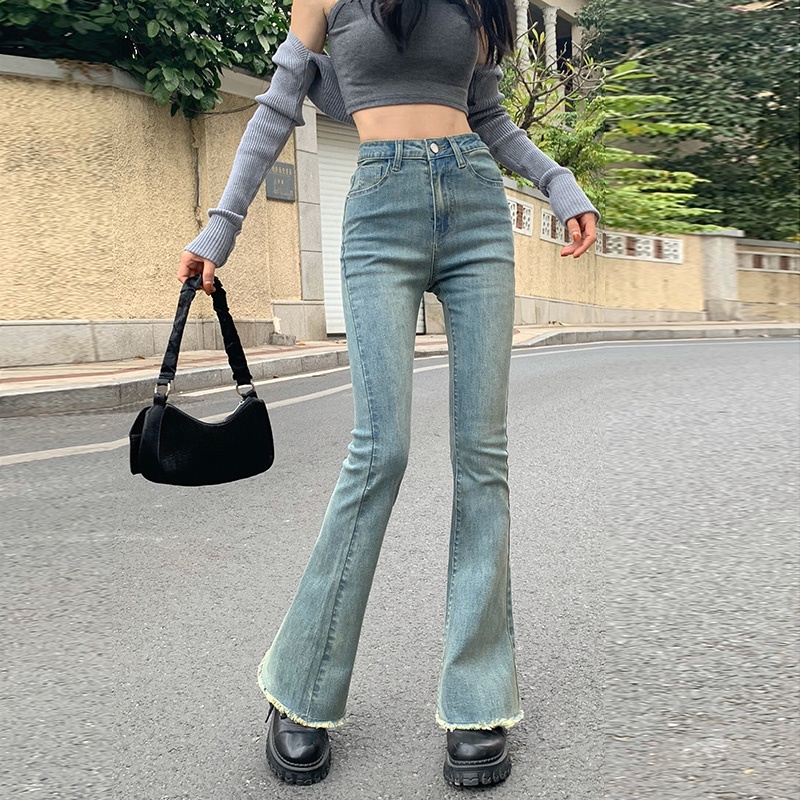 Quần Jeans Ống Loe Lưng Cao Thời Trang Dành Cho Nữ