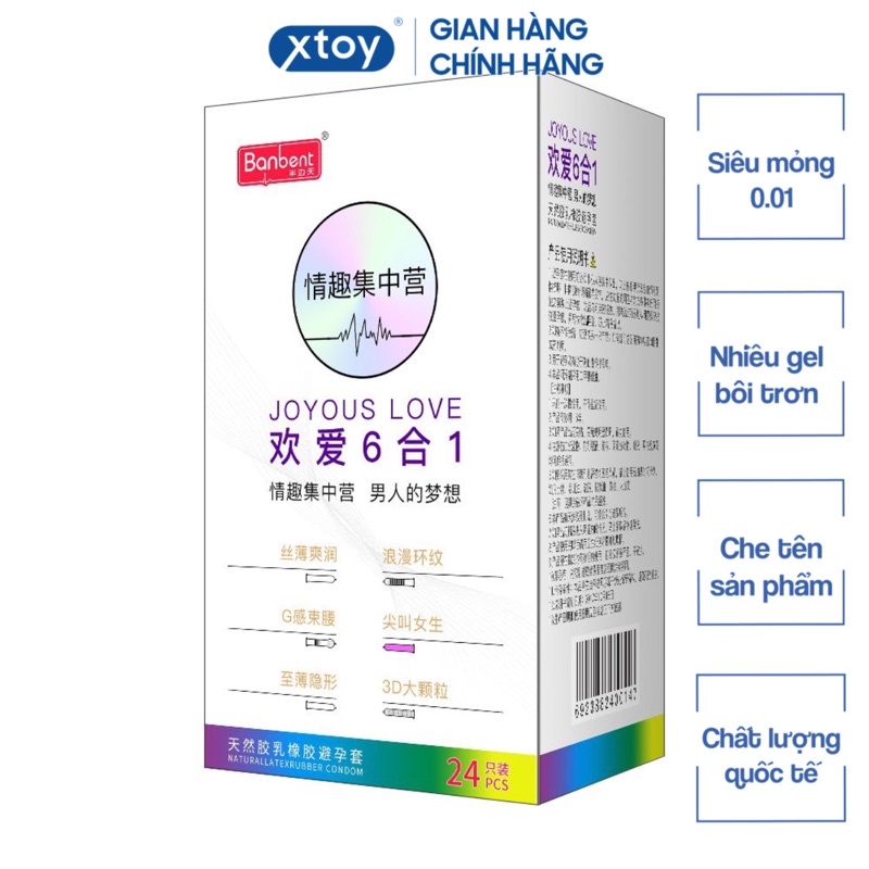 Bao cao su BANBENT Joyous love 001, 6 trong 1 hộp 24 bcs, siêu mỏng, nhiều gel, hương thơm,gân gai kéo dài , 3d