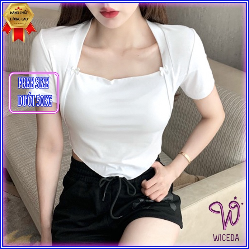 Áo croptop ôm body cổ vuông vạt yếm xinh , áo kiểu tay ngắn cotton mềm mịn co giãn 4 chiều 2 màu đen trắng Wiceda AK301